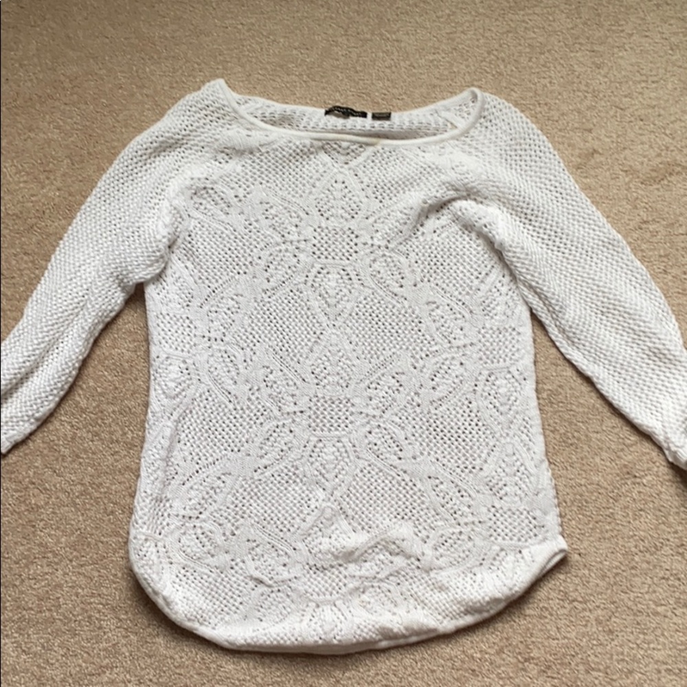 white crochet sweater